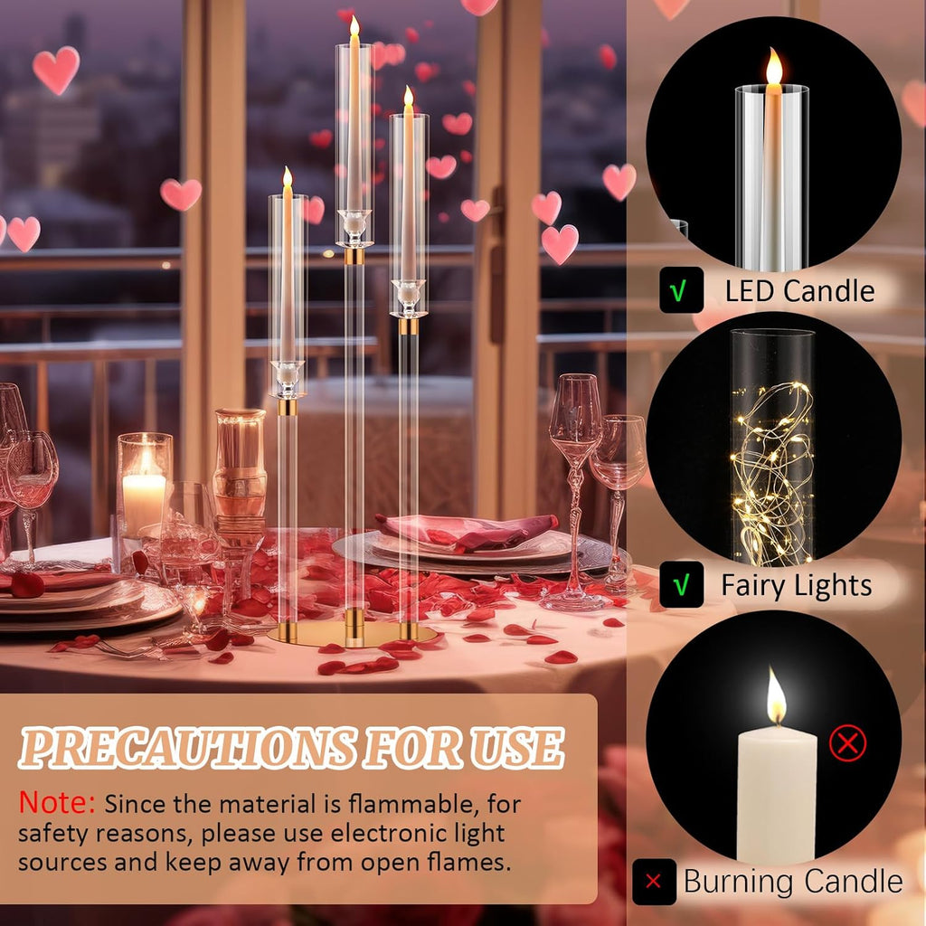 6 Pack Acrylic Candelabra Centerpieces 30.5'' Tall Clear Candle Holder Gold 3 Arm Crystal Candle Holder Candlesticks
