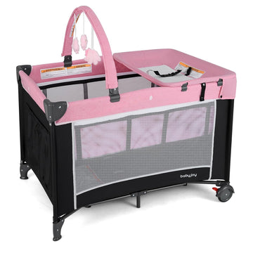 3 in 1 Pink Pack and Play, Travel Baby Crib Bassinet Bed with Bassinet for Girl, Changing Table w/Safety Belt