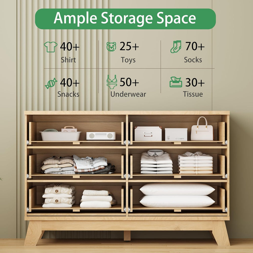 Fluted Dresser with 6 Drawers, 48" Wide Modern Chest of Drawers with Metal Handle, Wooden Dresser TV Stand, Wood