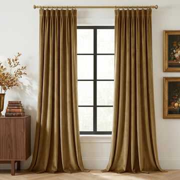 Pinch Pleated Curtains, Luxury Gold Brown Velvet Bedroom Curtains with Adjustable Hooks Back Tab Thermal Insulated
