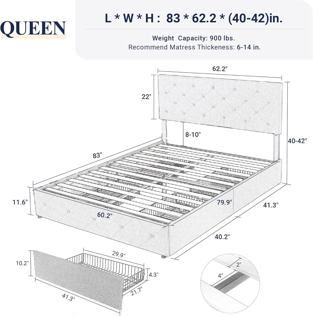 Upholstered Queen Platform Bed Frame with 4 Storage Drawers and Headboard, Diamond Stitched Button Tufted