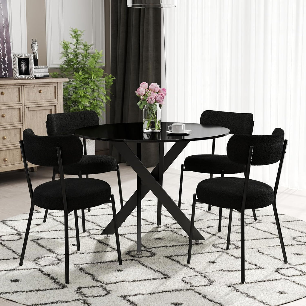 Boucle Dining Chairs Set of 4, Modern Round Upholstered Dining Chairs, Curved Backrest Kitchen Dining Room Chairs