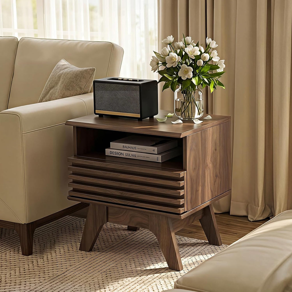 18.9" Wide Fluted Nightstand Set of 2, End Table with Drawer and Open Shelf, Mid Century Modern Side Tables with