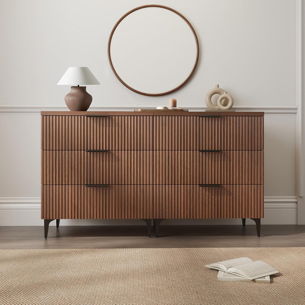 25.6"W Fluted Nightstand with 3 Drawer, Mid-century Modern Wood Night Stands Bedside Table King/Queen Bed, End Table