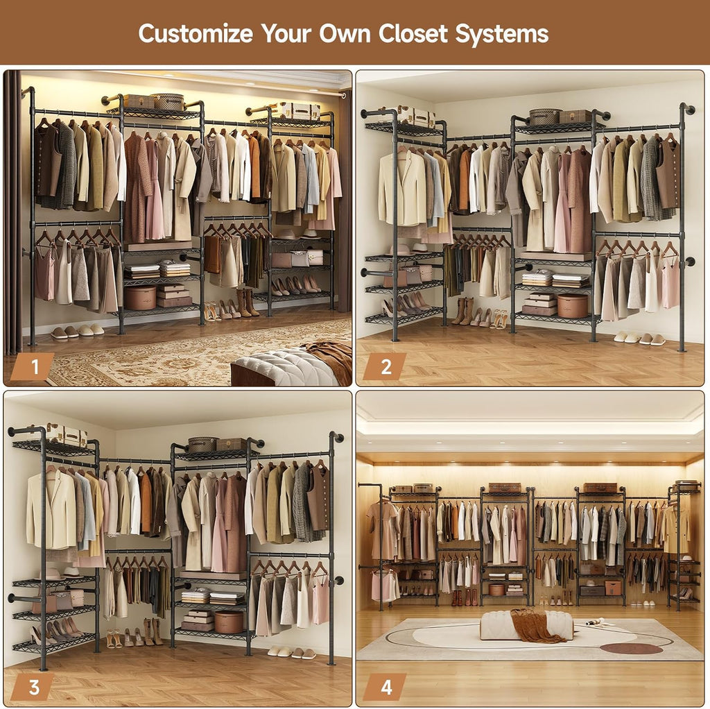 Wall Mounted Garment Rack, Industrial Pipe Metal Clothing Rack with 6 Hanging Rods (4 Expandable) & 8 Shelves, Closet