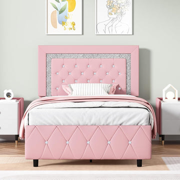 Twin Bed Frame with Headboard, Princess Twin Bed Frames for Kids | Faux Leather Upholstered Bed with Diamond Tufted