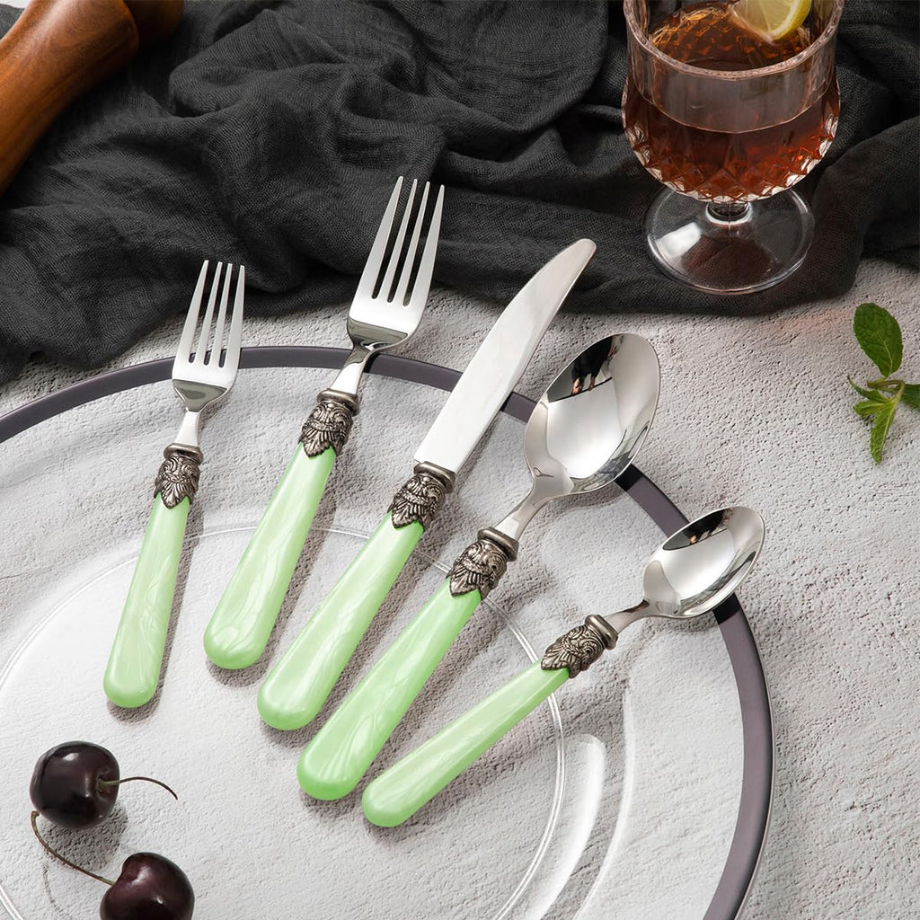 20 pieces Stainless Steel Flatware Sets With White Hanld,Dishware Safe (20, Green)