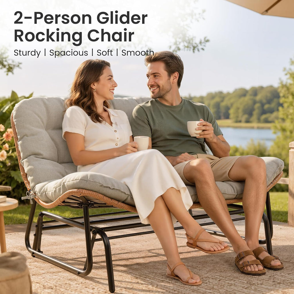 Outdoor Glider Bench 2-Person Rattan Patio Glider with Soft Cushion(Beige) | All-Weather Boho Rattan Patio Furniture