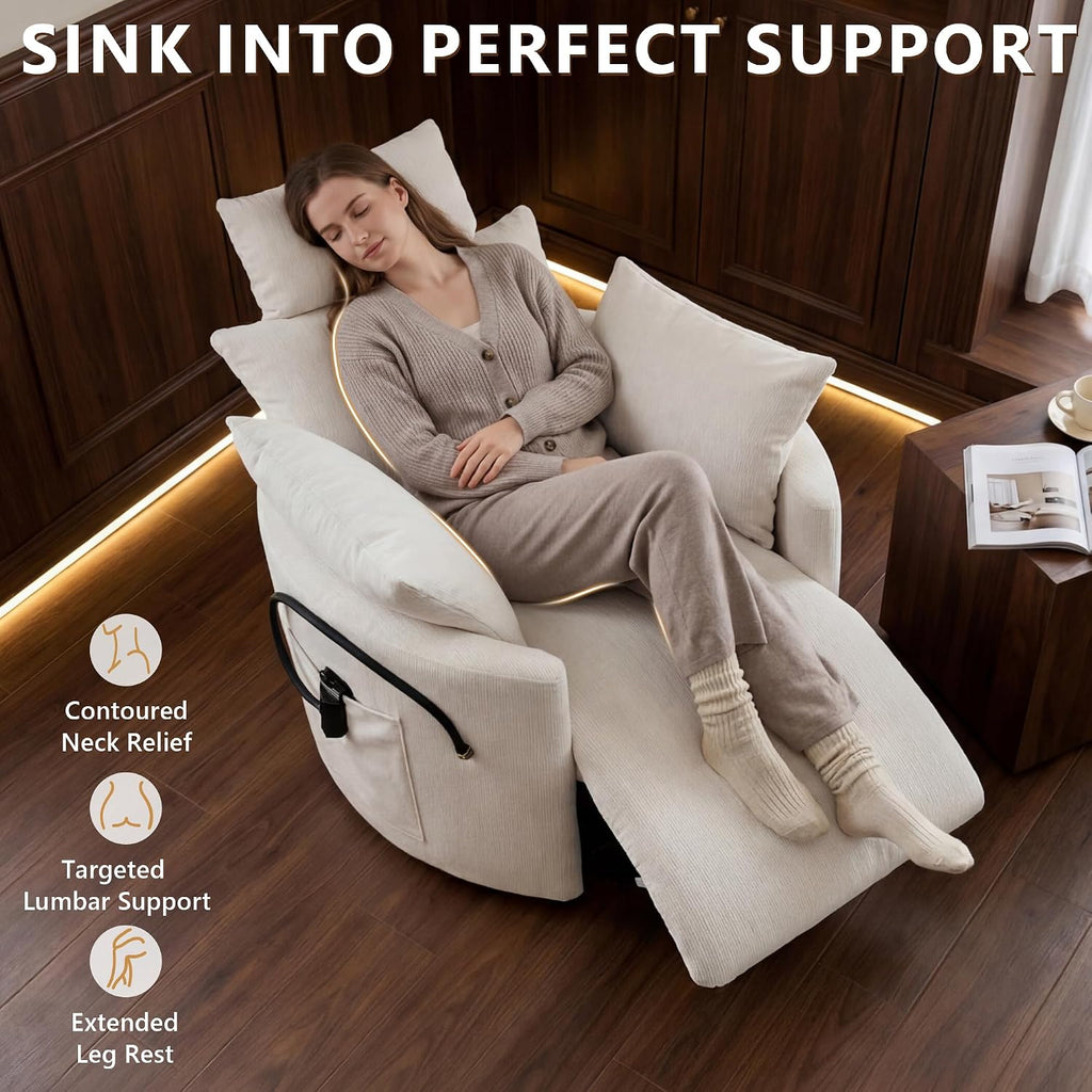 Chenille Nursery Rocking Chairs Recliner, Manual, White | 4" Height and 55° Angle Adjustable Headrest, 360° Silent