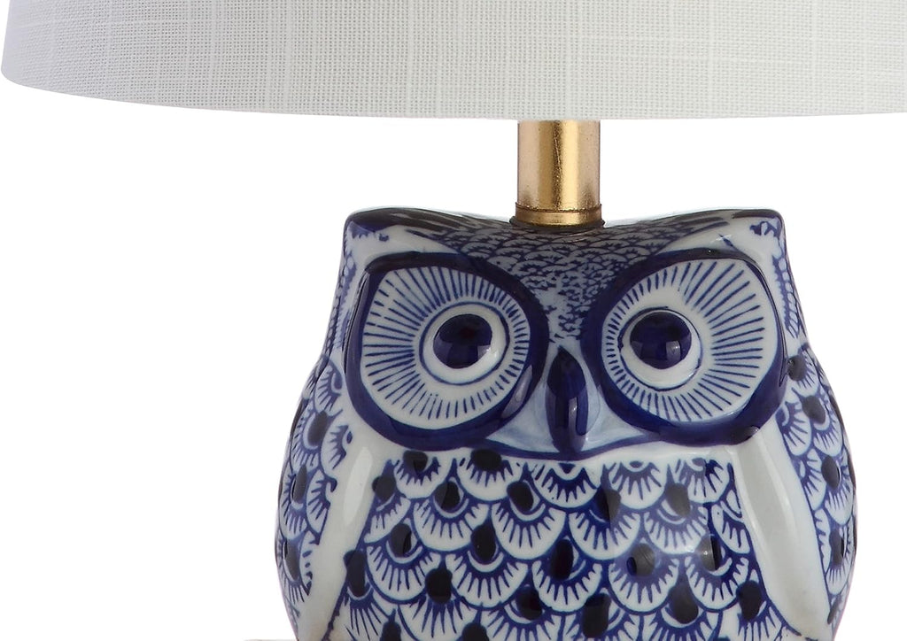 16" Blue/White Ceramic Owl Mini Table Lamp or Office, Modern Farmhouse Nightstand Lamp with White Linen Shade