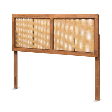 Gilbert Mid-Century Modern Ash Walnut Finished Wood and Synthetic Rattan Full Size Headboard
