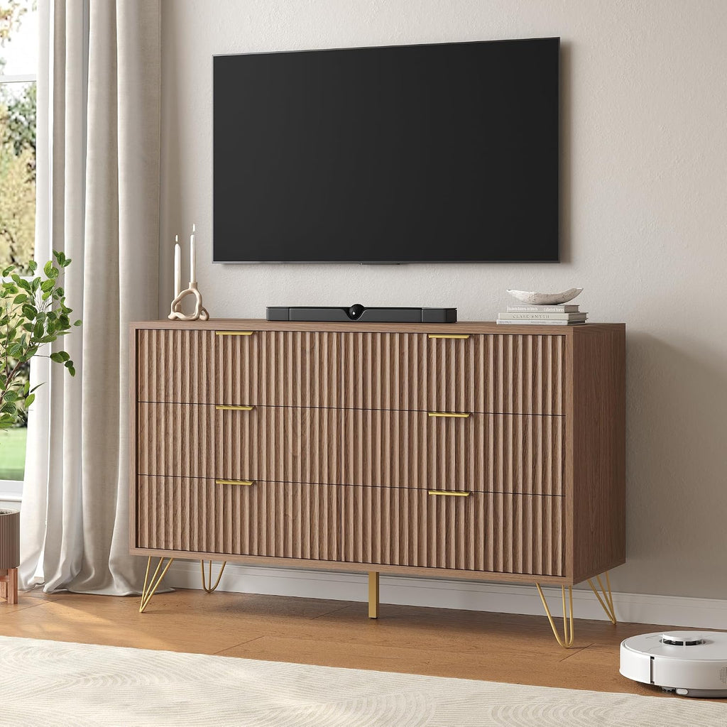 Fluted 6 Drawers Dresser , Wood Dressers with Scratch-Proof Golden Handles, Natural Curved Profile, Modern Double