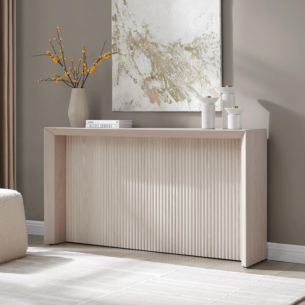 56" Fluted Wooden Rectangular Console Table Ribbed Entryway Table, Sofa Table , Couch, Hallway, or Office, Beech White
