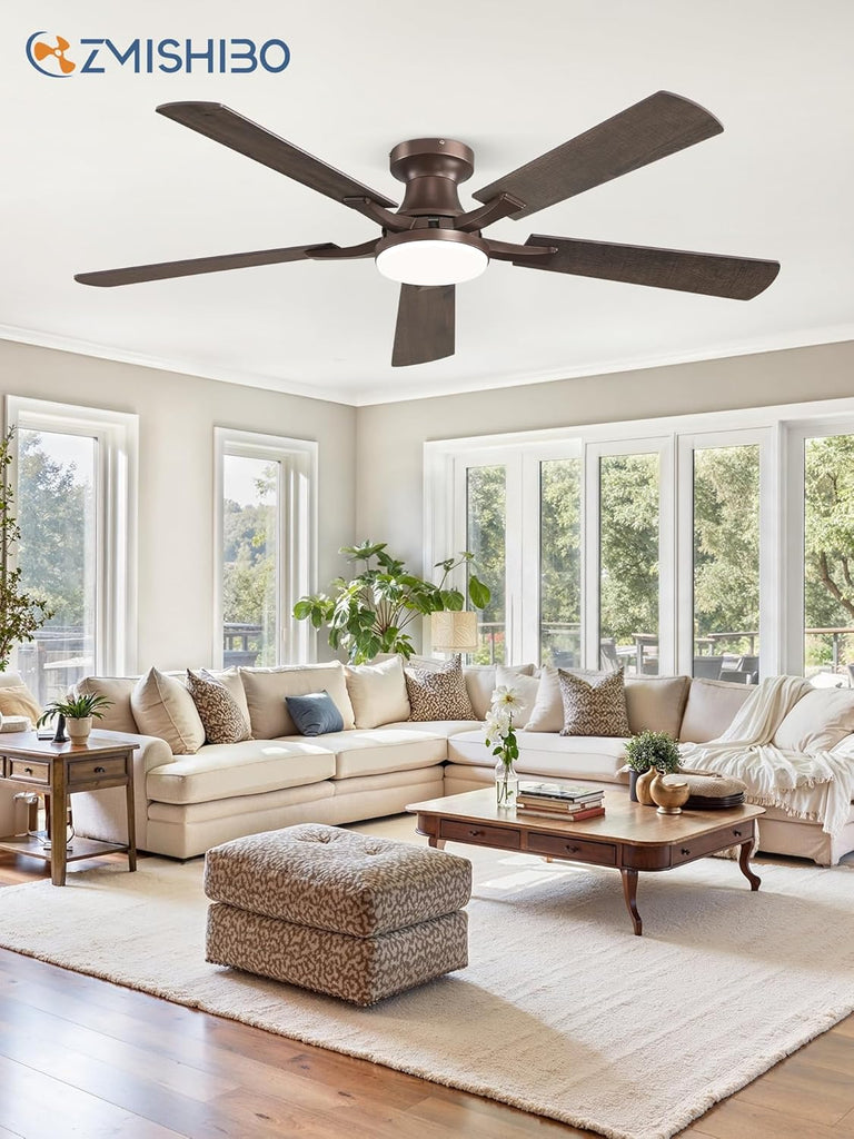 52 Inch Ceiling Fan with Light, App&Remote Control, Flush Mount Low Profile, Dimmable 20W LED Light, Quiet Reversible Motor for Bedroom, Living Room, Apartment, Brown