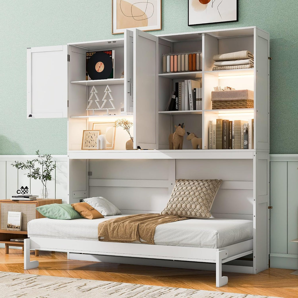 Twin Murphy Bed with Storage Bookcase and Shelves, Space-Saving Horizontal Wall Bed with LED Light & Charging