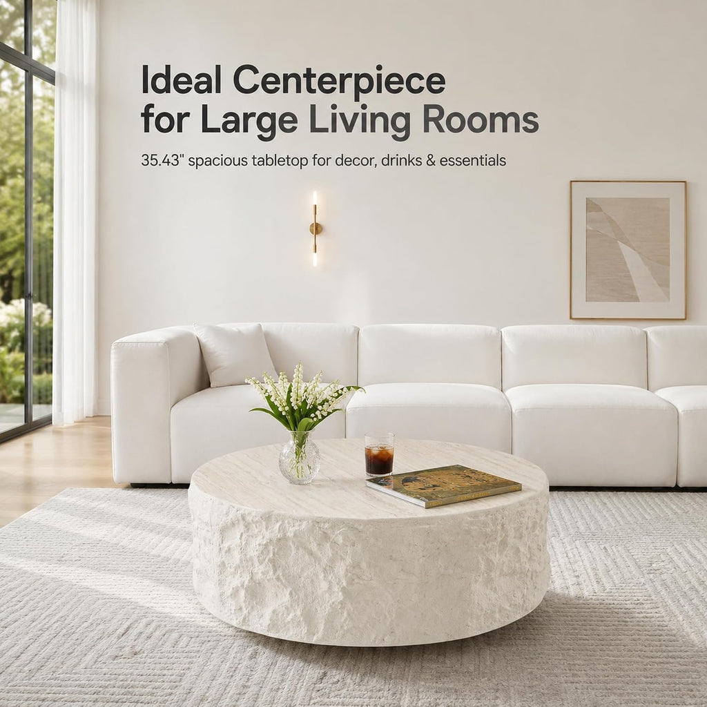 35.43" Round Coffee Table for Living Room, Modern Faux Marble Travertine Coffee Table, Sculptural Fiberglass Drum Cent