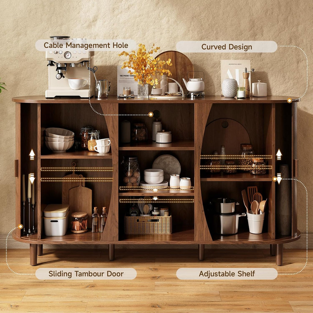 59" Curved Buffet Cabinet with Storage, Sideboard Cabinet with Adjustable Shelves, Mid-Century Modern Buffet Cabinet