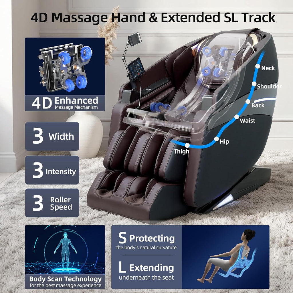 4D Massage Chairs Full Body Recliner with Heat Zero Gravity EX- SL Track Shiatsu Massage Chair with AI Voice, 7"