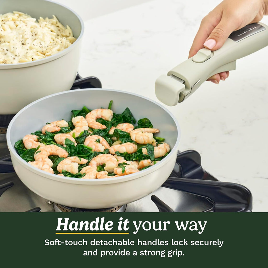13-Pc ClickSmart Nonstick Detachable Handle Ceramic Cookware, Pots and Pans Set, Stackable Space-Saving Design