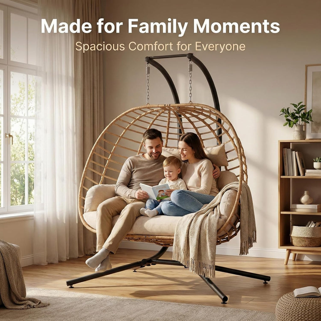 Double Hanging Egg Chair with Stand, Outdoor Patio 2 Person Wicker Hammock Swing Chairs with Cushion Loveseat for