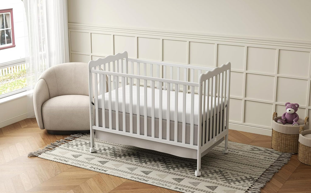 4-in-1 Convertible Wood Baby Crib, Toddler Bed & Daybed (White) | Locking Wheels, 3 Heights, Non-Toxic Finish, Easy