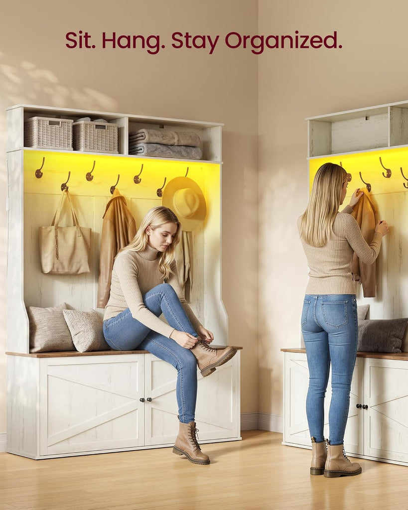 Hall Tree with Bench and Shoe Storage, 5-in-1 Coat Rack with Shoe Bench, Adjustable LED Light, 7 Double Hooks