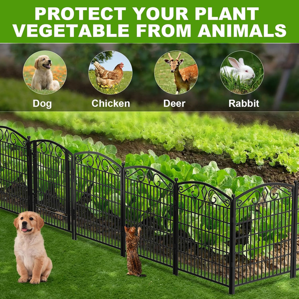 12 Panels No Dig Decorative Garden Fence with Gate, 31.3in(H) x 26ft(L) Rustproof Animal Barrier Metal Dog Fence