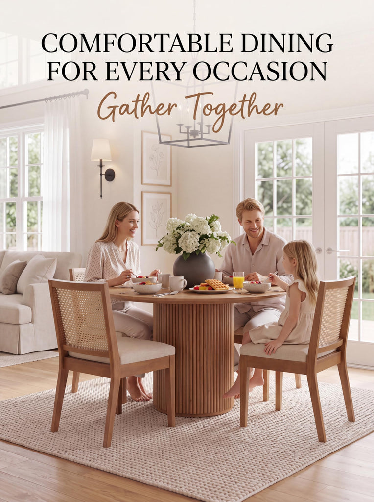 Farmhouse Rattan Dining Chairs Set of 4, Walnut Solid Hardwood Frame, Upholstered Linen Seat, Ergonomic Cane Back