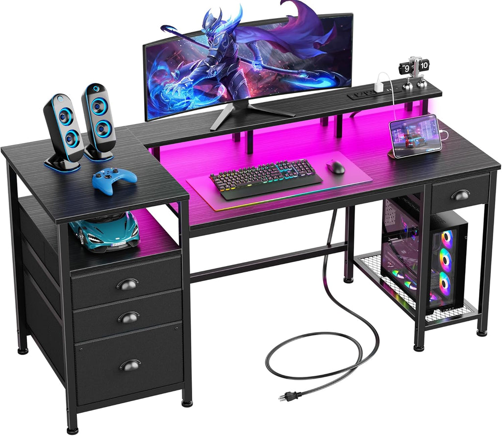 60" Black Computer Desk with 4 Drawers and Printer Space, Gaming Desk with LED Lights and USB Power Outlets