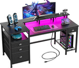 60" Black Computer Desk with 4 Drawers and Printer Space, Gaming Desk with LED Lights and USB Power Outlets