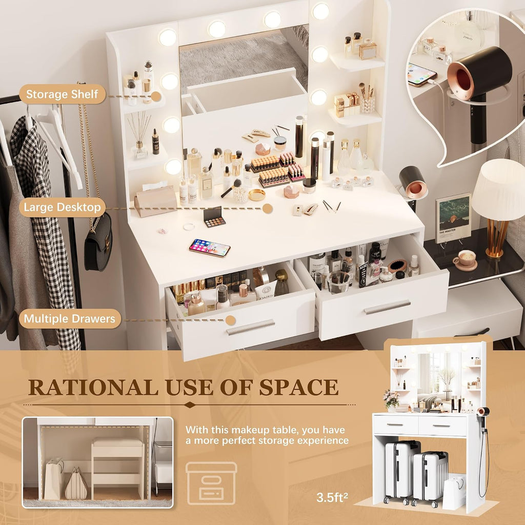 Make up Vanity Desk with Mirror and Power Outlet, Vanity with 3 Color Light Options Adjustable Brightness, Vanity