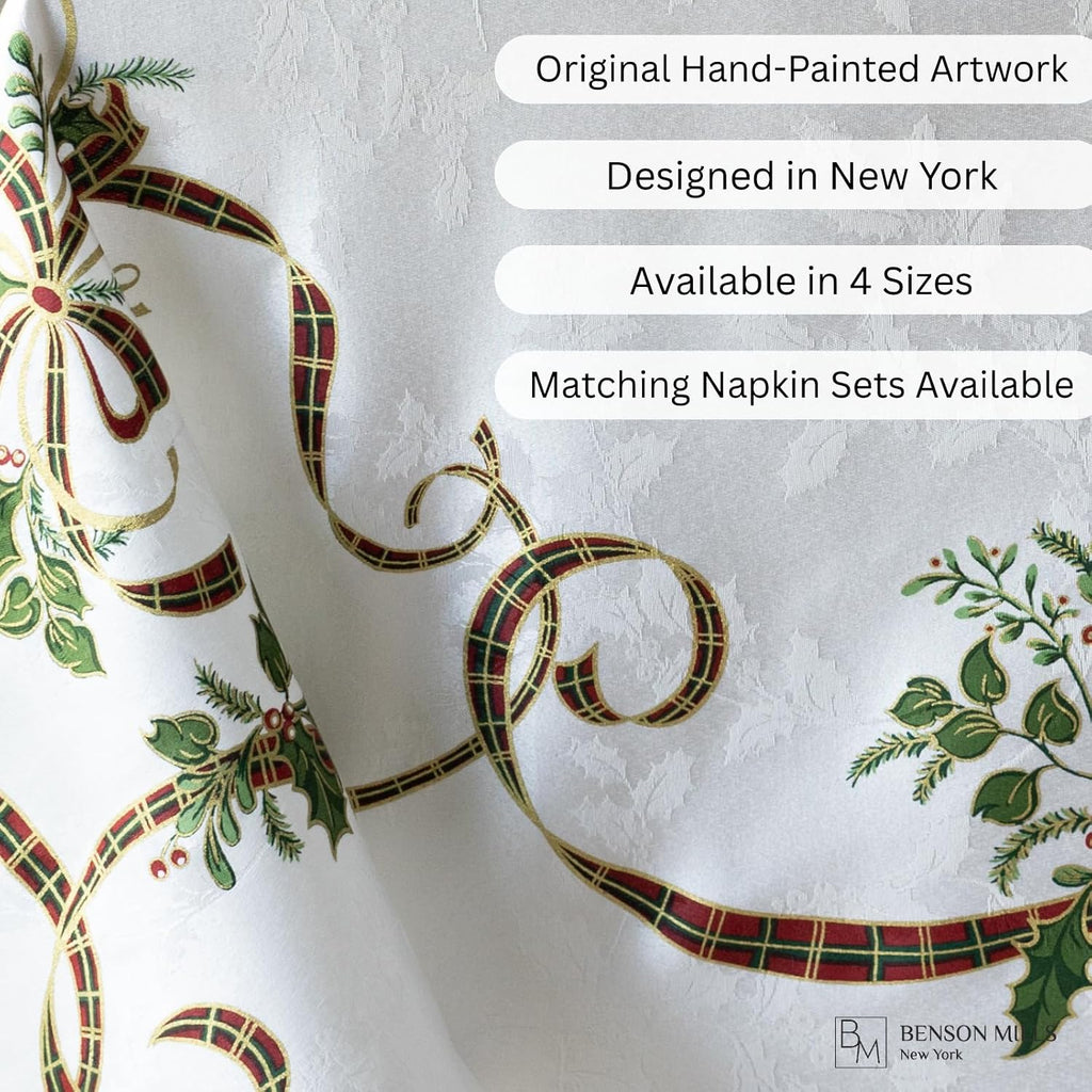 Heavyweight Engineered Printed Jacquard Fabric Christmas Table Cloth, Winter, and Christmas Tablecloth (Merry Ribbons