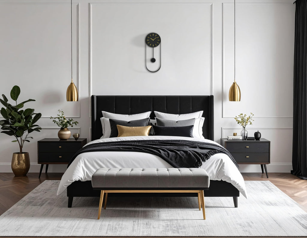 Modern Pendulum Wall Clock, Minimalist Black Iron Wall Clock with Gold Accents, Quartz Movement, Swinging Pendulum