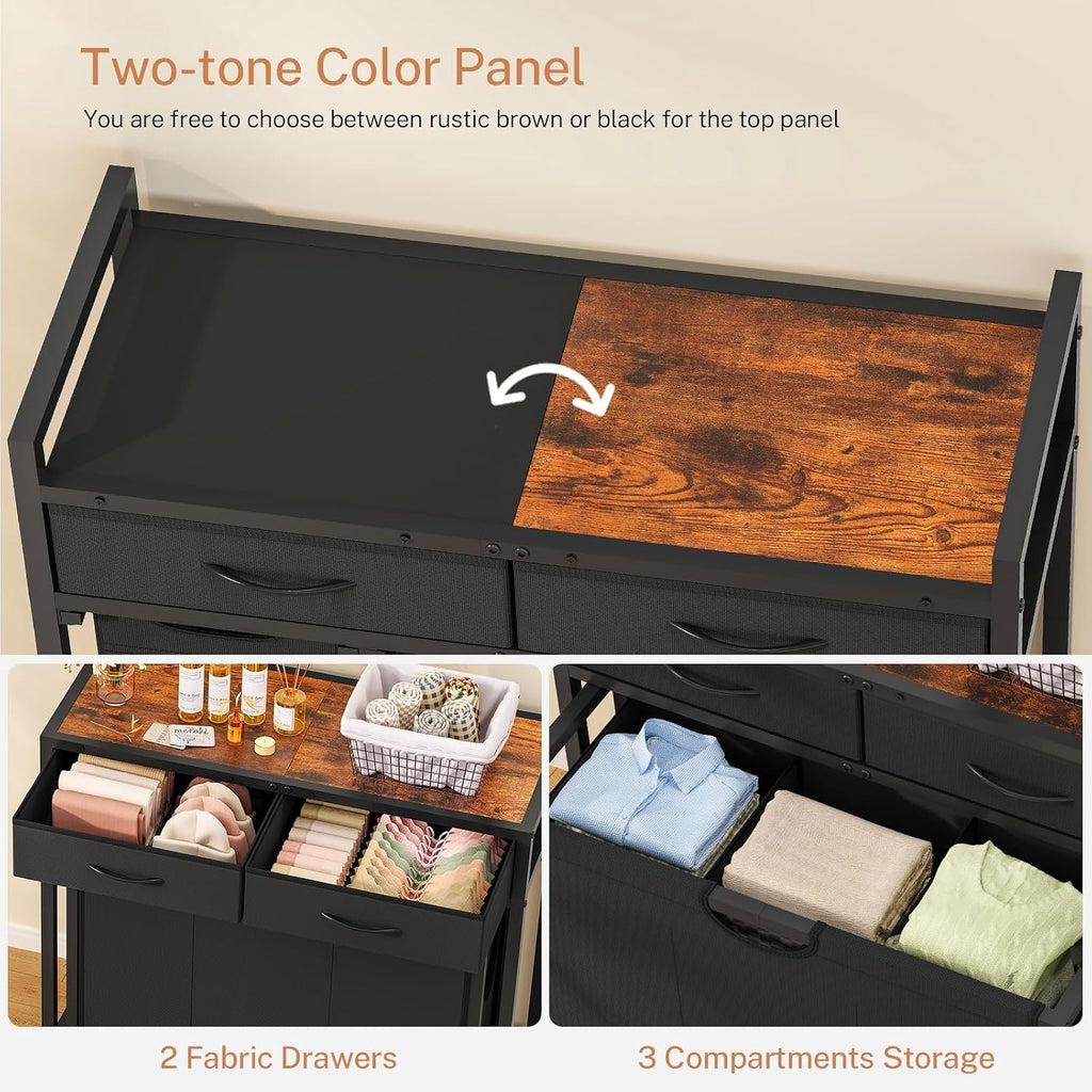 Laundry Sorter, Rolling Laundry Hamper with 3 Section Pull-Out Bags, Laundry Basket Organizer with 2 Drawers & 2-Tone