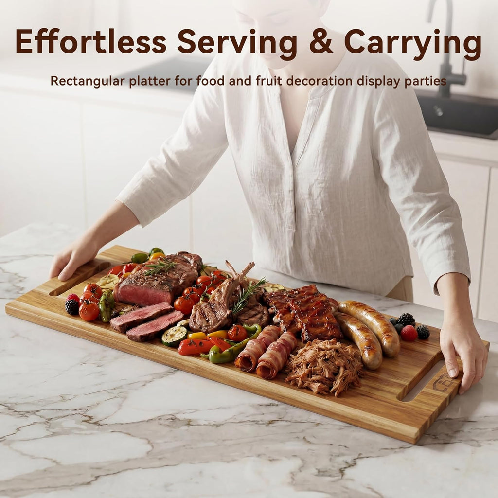 36 Inch Extra Large Charcuterie Board, Acacia Wood Long Serving Board with Handles and 2 Stands, Rectangular Cheese