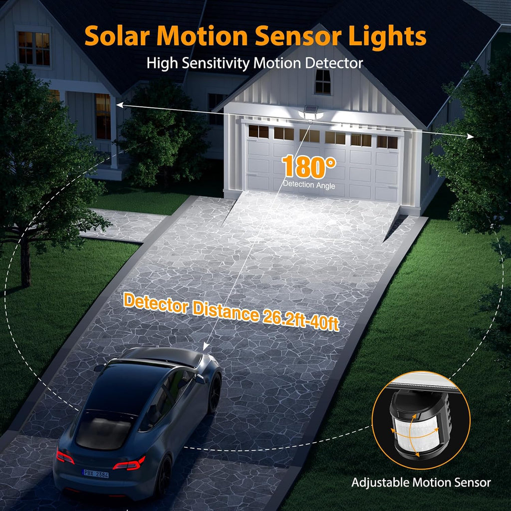 4500LM Solar Lights Outdoor, 3 Heads Security Lights with Remote Control, IP65 Waterproof Motion Sensor Lights, 3