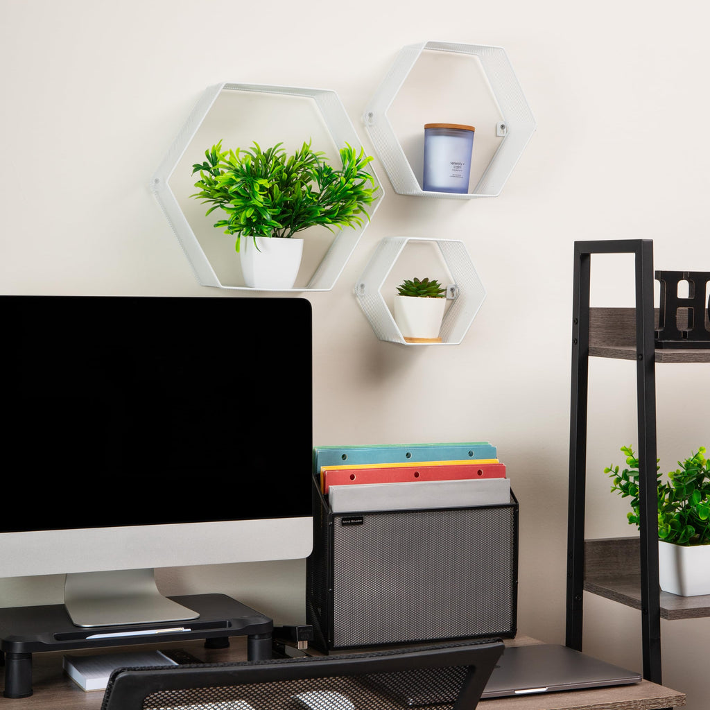 Hexagon Floating Shelves, Wall Decor, Honeycomb Accent Shelf, Office, Metal Mesh, 14" L x 4" W x 12" H, Set of 3
