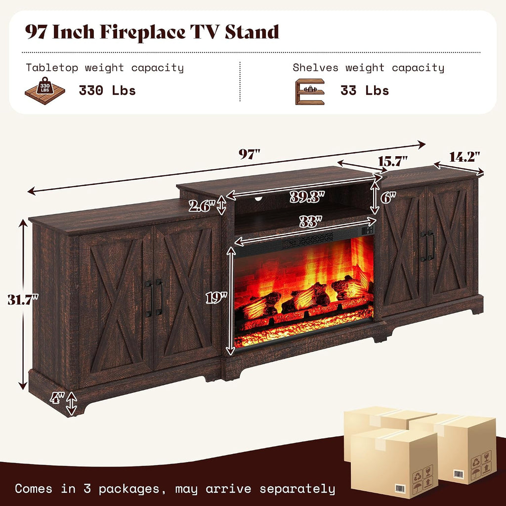 97" Large Fireplace TV Stand for TVs up to 110", Farmhouse Entertainment Center with 33" Electric Fireplace, Media
