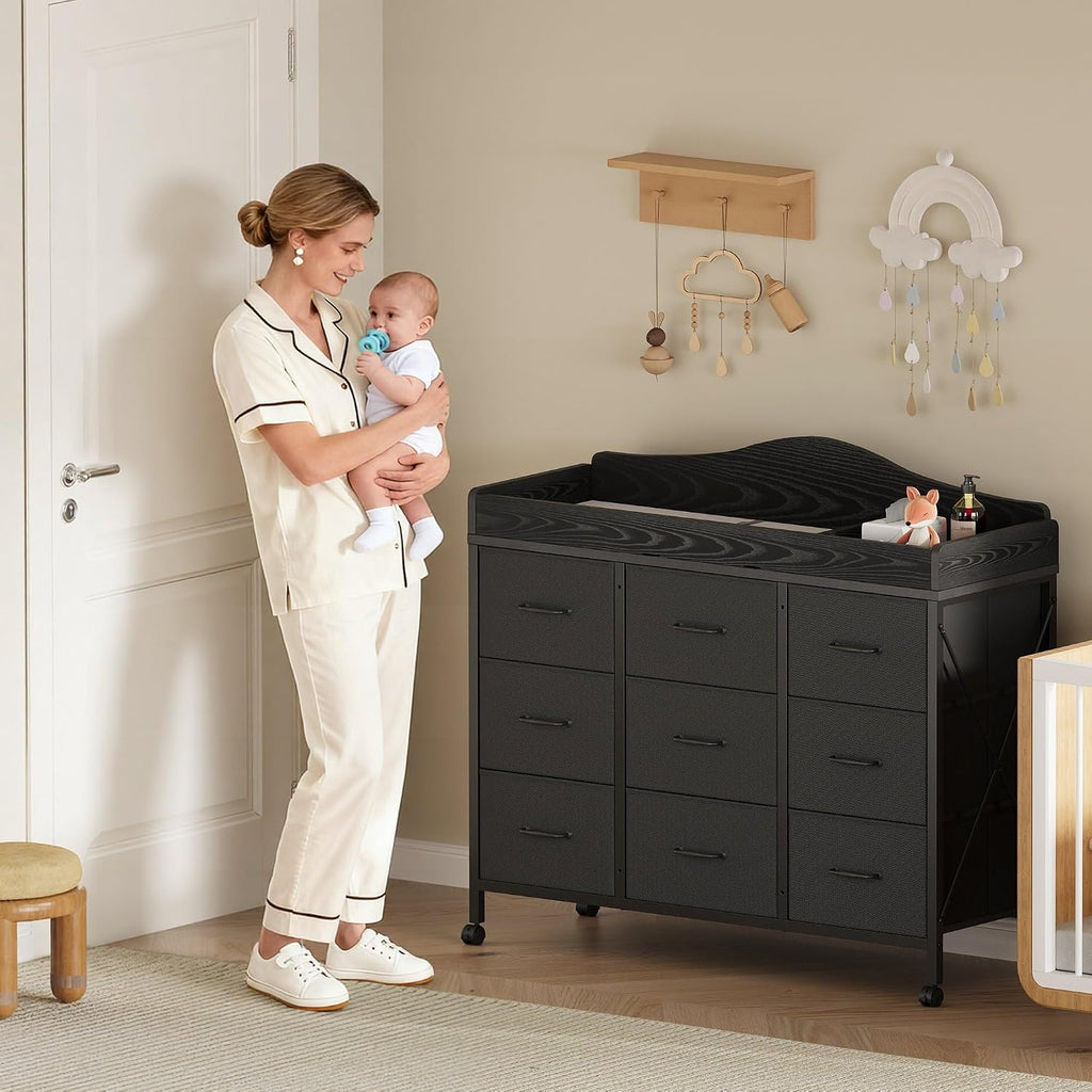 Baby Changing Table, 9 Fabric Boxes, Waterproof Pad, Mobile Nursery, Black | Baby Changing Table,Waterproof Diaper