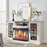 3-Sided Glass Fireplace TV Stand for TVs up to 65 Inches, Electric Fireplace Entertainment Center with 12-Color Flame and Closed Storage Cabinets, White