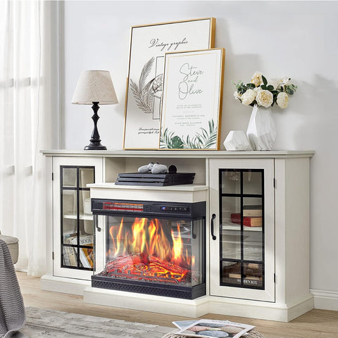 3-Sided Glass Fireplace TV Stand for TVs up to 65 Inches, Electric Fireplace Entertainment Center with 12-Color Flame and Closed Storage Cabinets, White