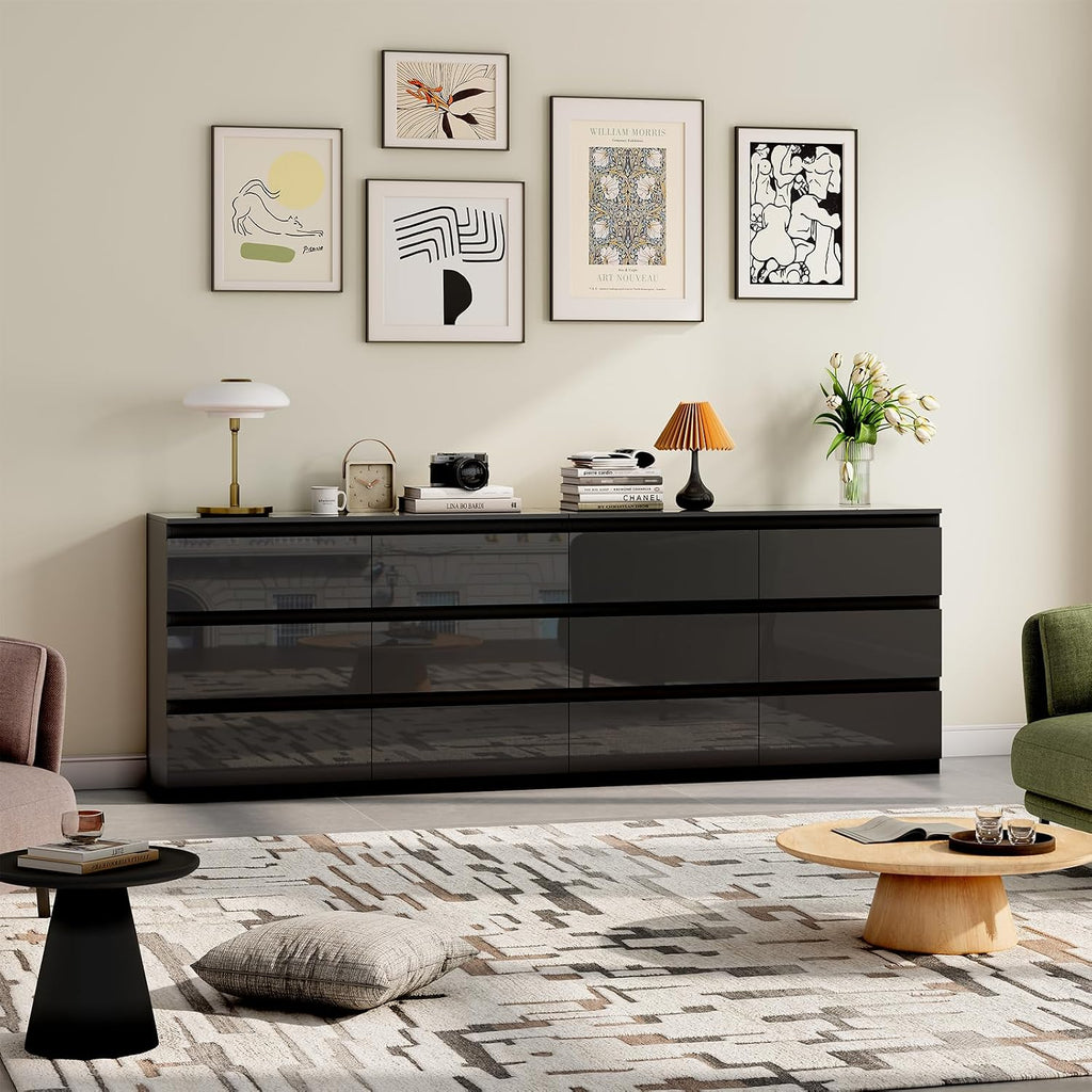 6 Drawer Dresser , 47" Wide Black Wood Chest for Storage | Multi-Functional Storage Organizer, Modern High Gloss
