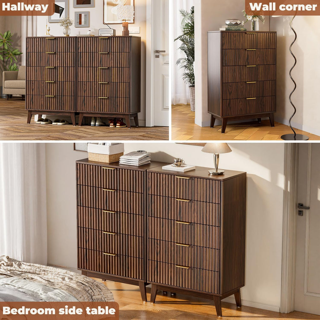 5-Drawer Dresser Fluted Drawers, Mid-Century, Walnut | 31"W x 15.4"D x 48"H, 130 lbs top / 40 lbs per drawer (7.7"H)