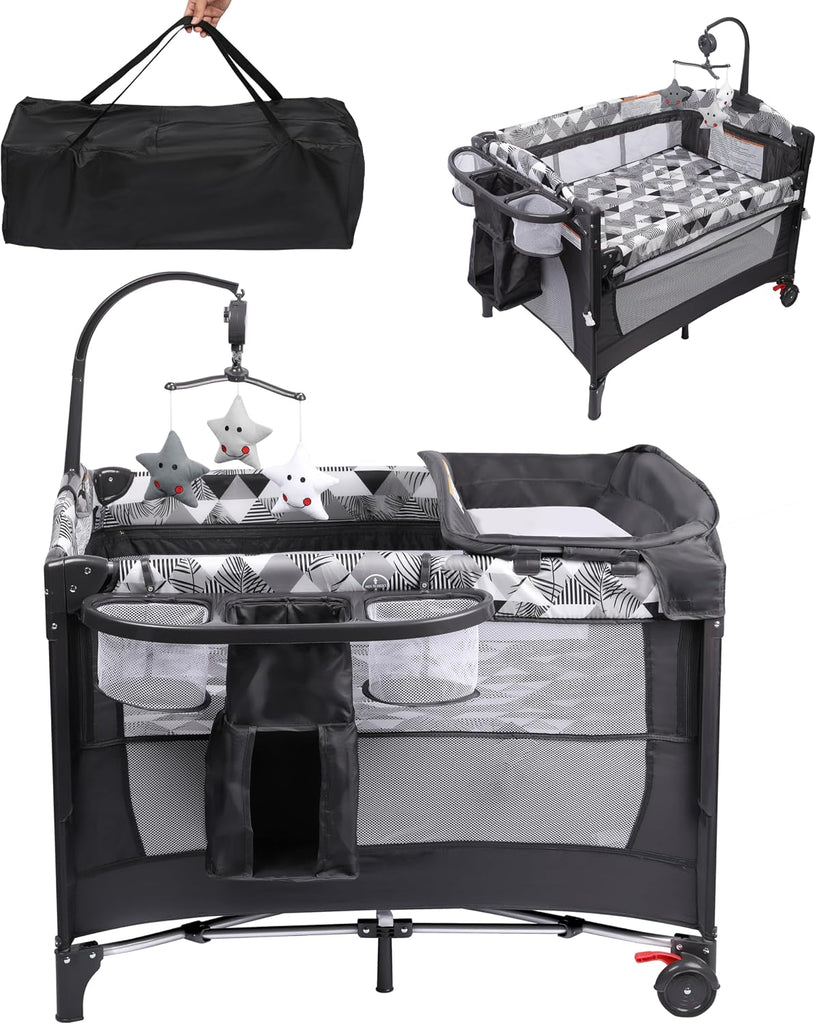 5-in-1 Pack and Play with Changing Table, Baby Bassinet Bedside Sleeper with Storage Bag & Music Box, Portable Baby