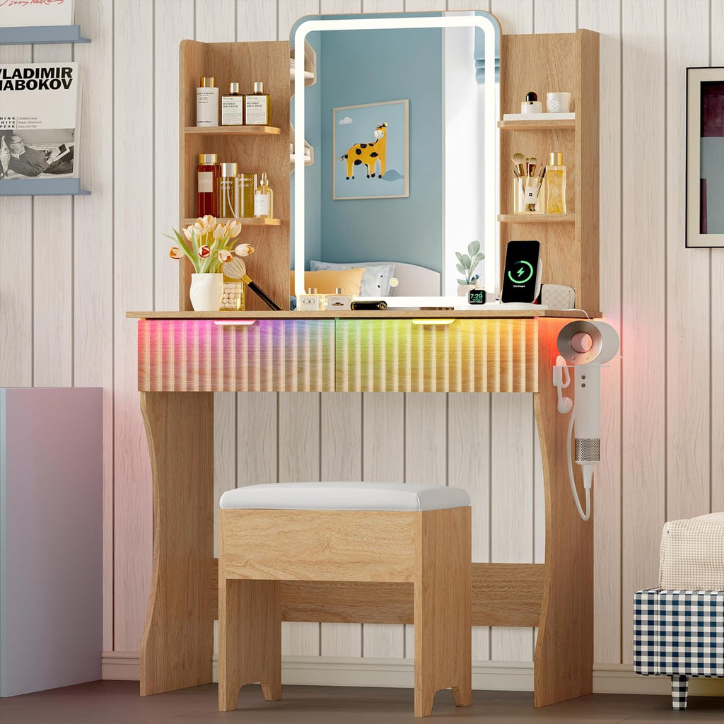 Vanity Desk with LED Lights Mirror & Power Outlet, Small Makeup Vanity Table Set with Storage Drawers & Chair, 3