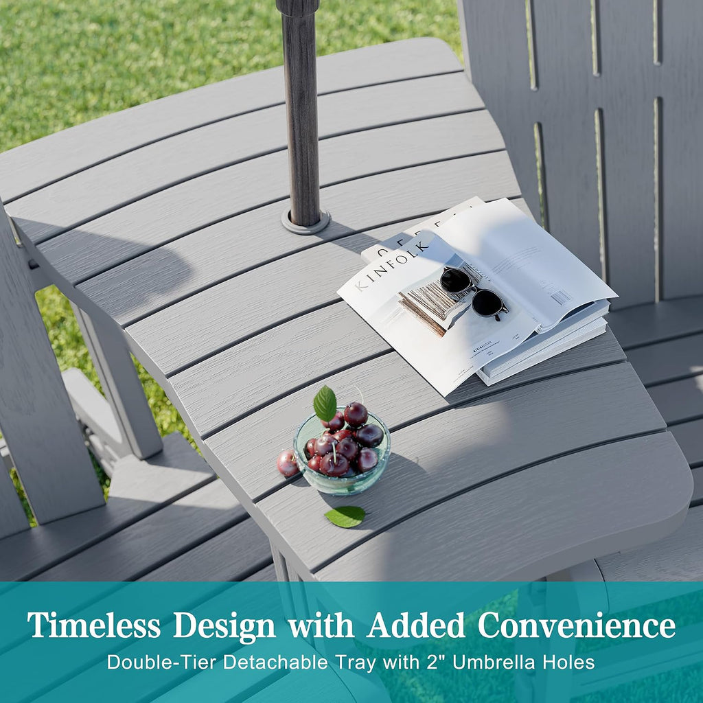 Outdoor Adirondack Chair Set of 2, All-Weather HDPE Patio Furniture with Detachable Table, Wood Texture & Cup