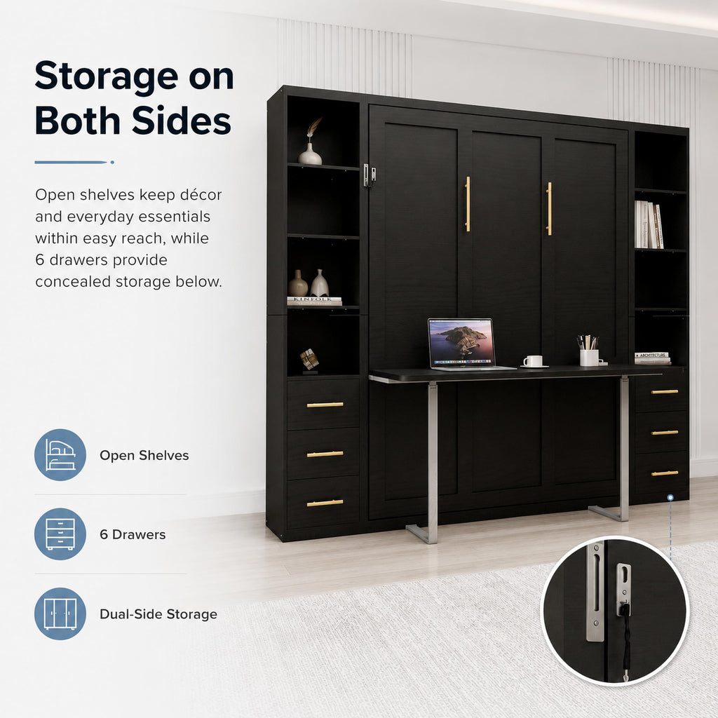 Queen Murphy Bed with Storage, Integrated Desk, Side Cabinets and Drawers