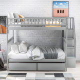 Full Over Full Bunk Beds with Stairs Stairway Bunk Bed Frame with Storage Shelves for Kids Teens Adult