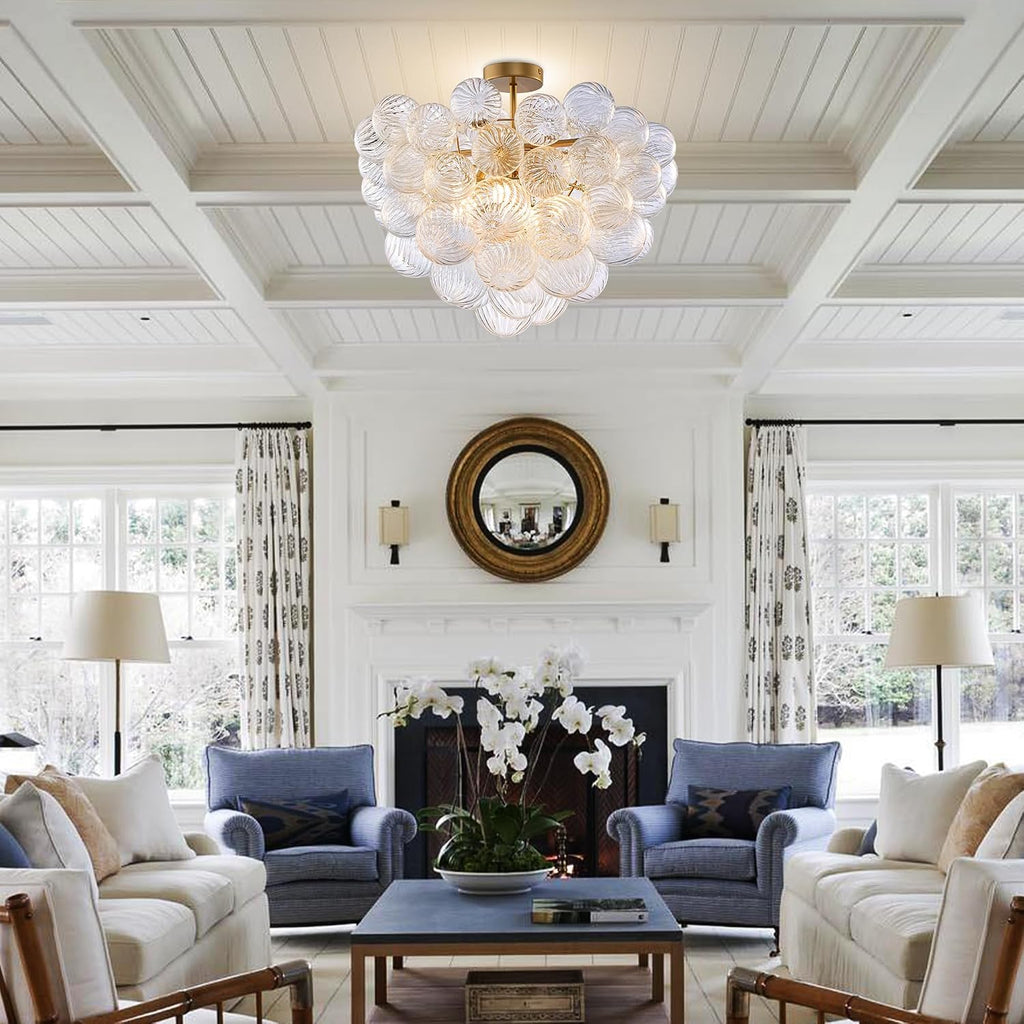 Semi Flush Mount Bubble Ball Chandelier Lighting 24 Inches Gold Clear Ribbed Blown Glass Chandeliers Ceiling Light