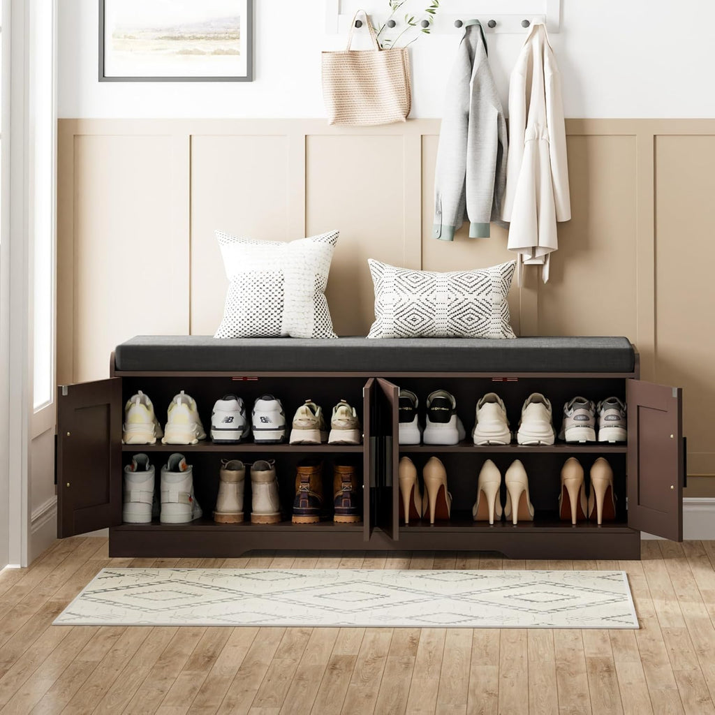 2-Tier Storage Bench, Shoe Bench with Thickened Padded Seat Cushion, Entryway Bench with 4 Doors, Adjustable Shelf